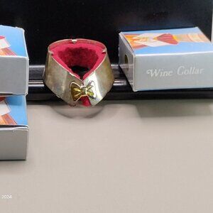 silver plated wine bottle drip collars Set of 3 tuxedo collar bow tie NIP 1990s